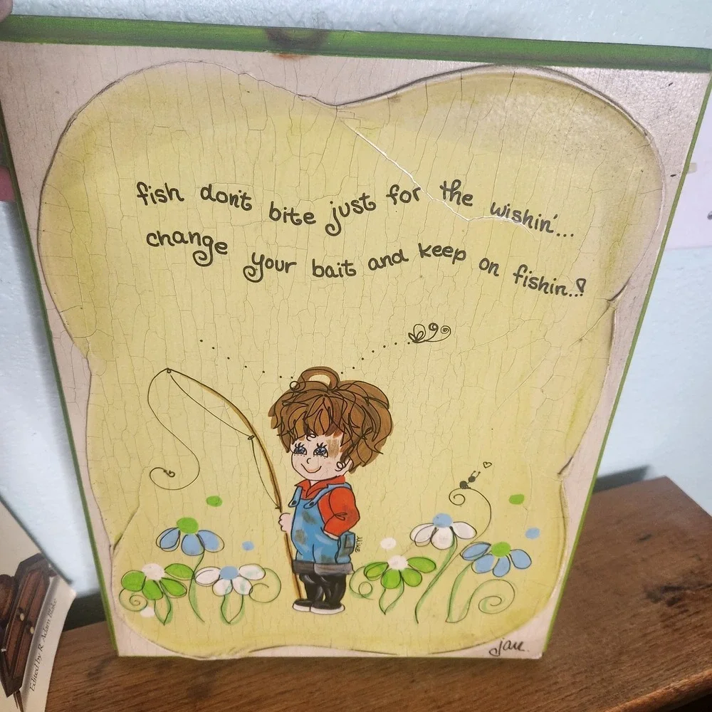 Vtg 70s Hand Painted Wall Plaque By Jan Fish Don't Bite For Wishin 11 X 14 MCM
